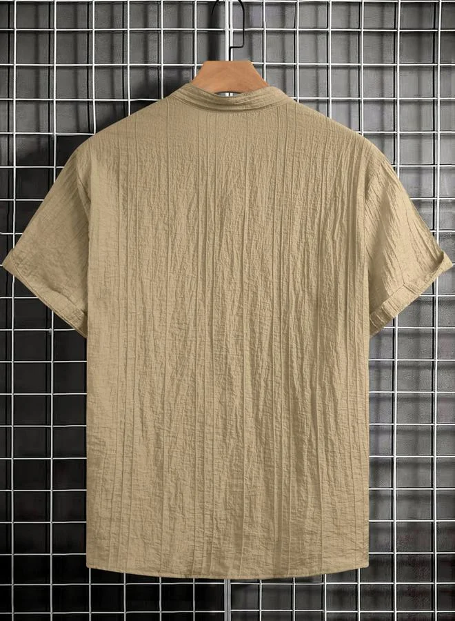 Take Two Men Beige Textured Mandarin Collar Shirt